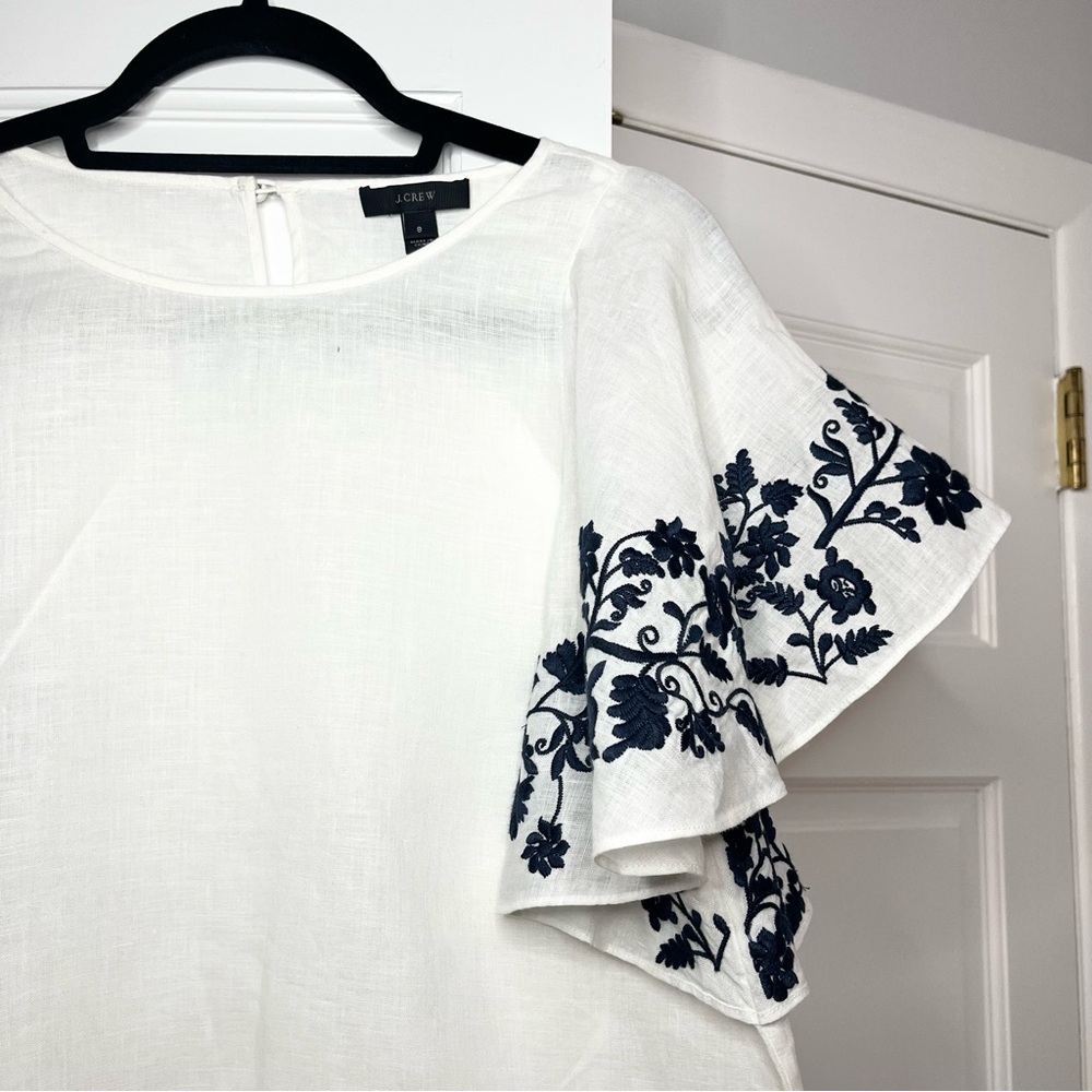 J. Crew White Linen Blouse with Blue Floral Embroidery - Picture 2 of 6
